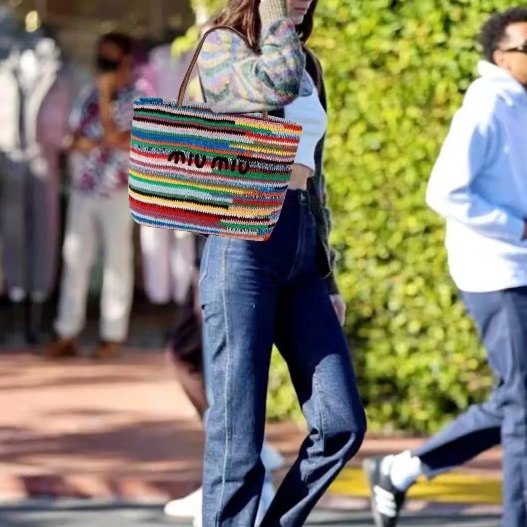 MIU Beach Tote Bag Summer Tote Bag Raffia Shopping Bag Woven Bag Large Capacity Simple Style Shoulder Bag