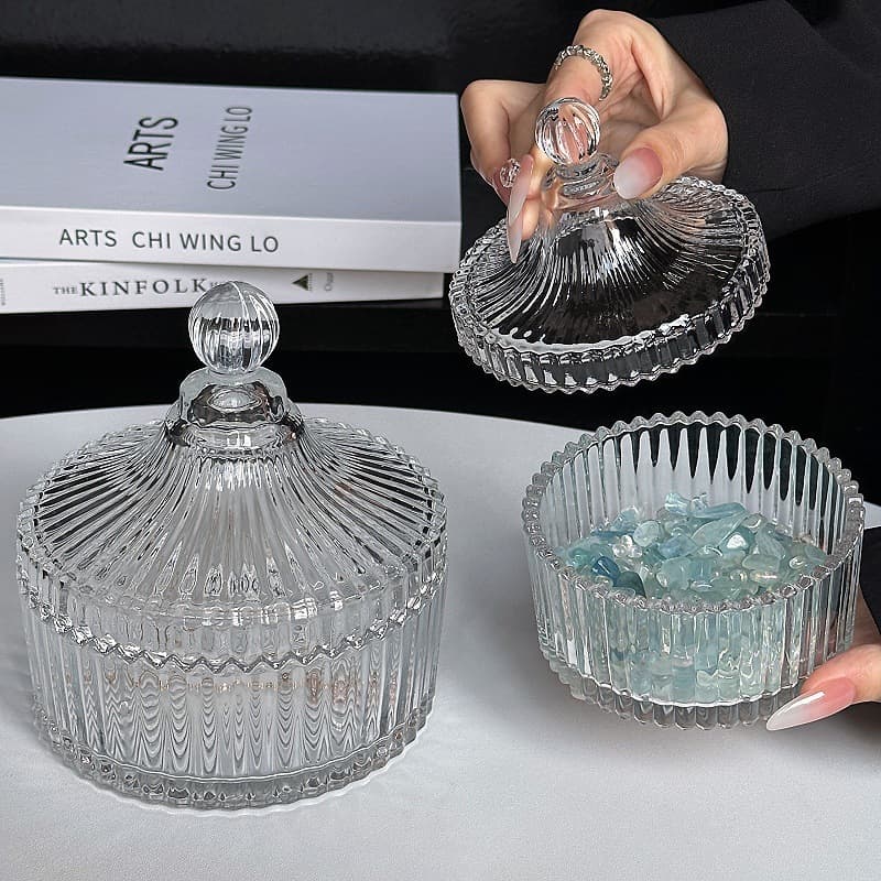 Vanity Storage Glass Jar Striped Storage Box Jewelry Organizer Decorative Ornament Vanity Organizer
