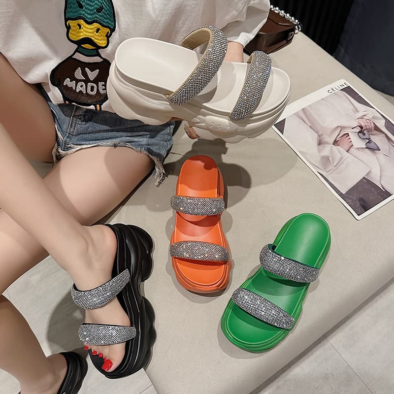 Women's Rhinestone Slides 2023 Summer New Trendy Thick Sole Fashionable Slimming Chic Ins Style Casual Slippers