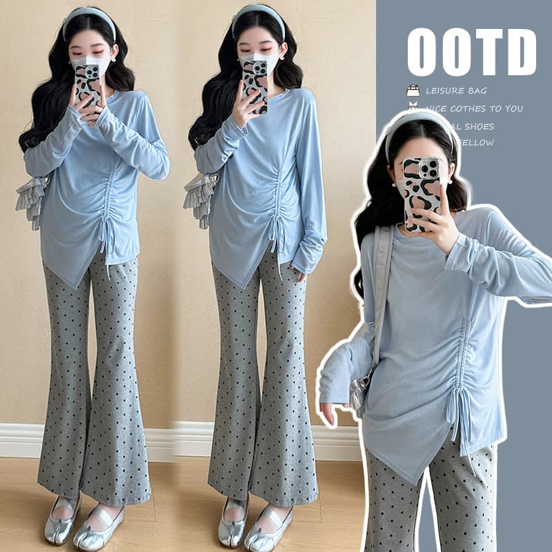 Maternity wear spring new fashion stretch blue T-shirt bottoming shirt + gray maternity pants suit two-piece set for women
