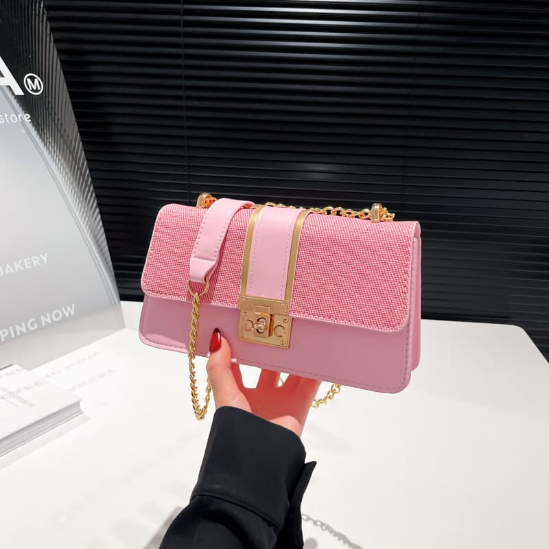 Wholesale Textured Lock Handheld Small Square Bag Women's Bag 2025 Summer New Style Stitching Contrast Color Shoulder Bag Commuting Crossbody Bag