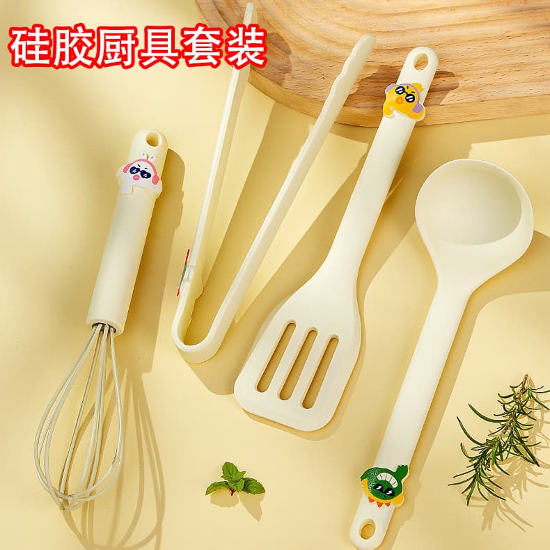 Cross-border Silicone Spatula Soup Spoon Set High Temperature Resistant Food Tongs Egg Beater Kitchen Cooking Spatula Spoon 4-Piece Set In Stock