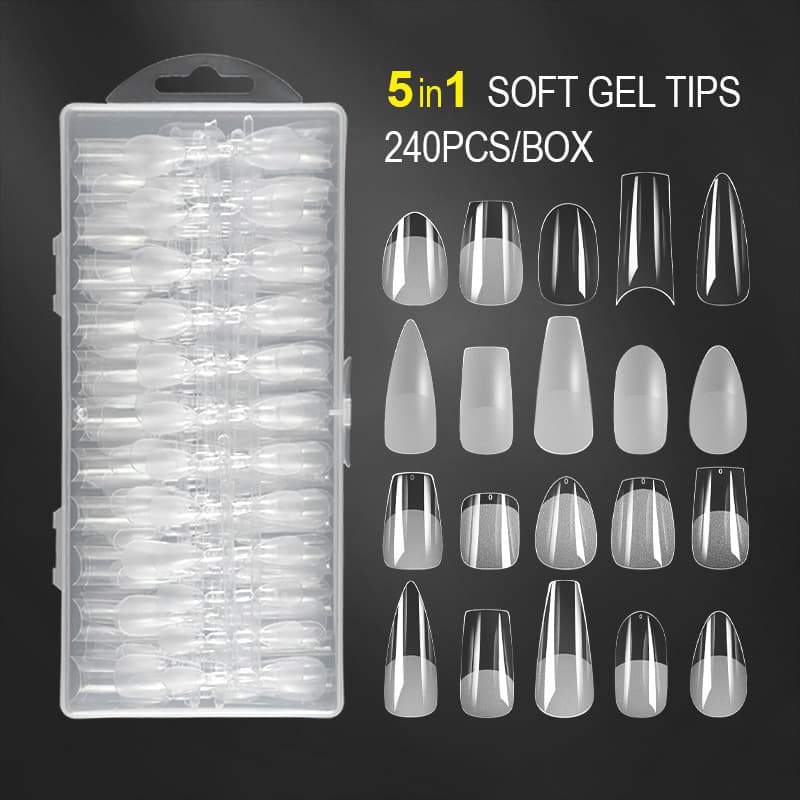 Cross-border nail polish transparent soft nail folding traceless ultra-thin nail extension fake nail patch 5-in-1 box of 240 pieces