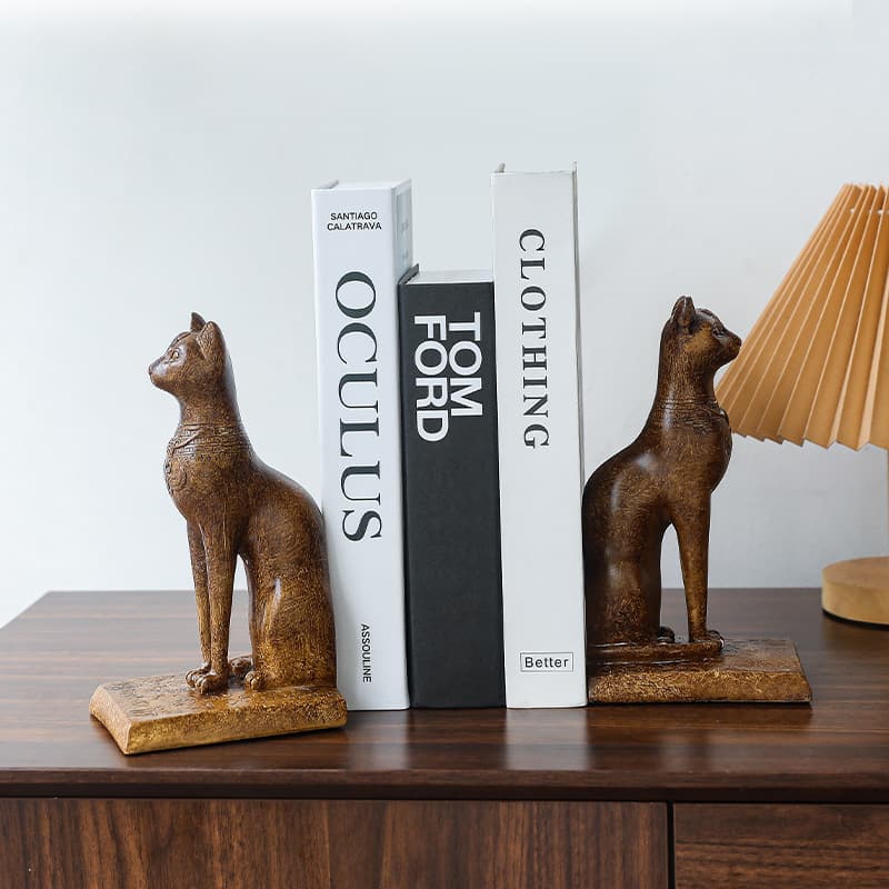 Simple Vintage Wood-Look Egyptian Cat Bookend Decorative Animal Figurine Resin Home Living Room Desktop Ornament