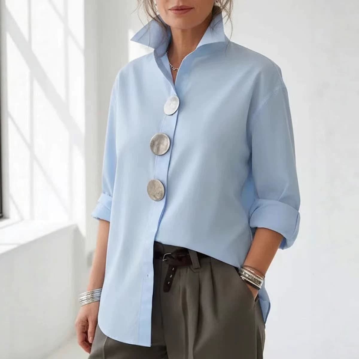 European and American Independent Station Amazon AliExpress 2026 Summer New Solid Color Turn-Down Collar Metal Button Long Sleeve Shirt
