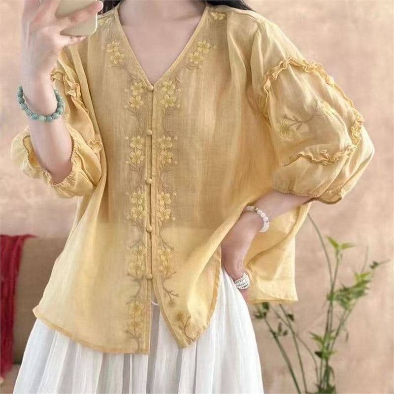 Dropshipping Summer New Chinese Style Embroidery Shirt 2026 Summer New Fashion Trendy Three-Quarter Sleeve
