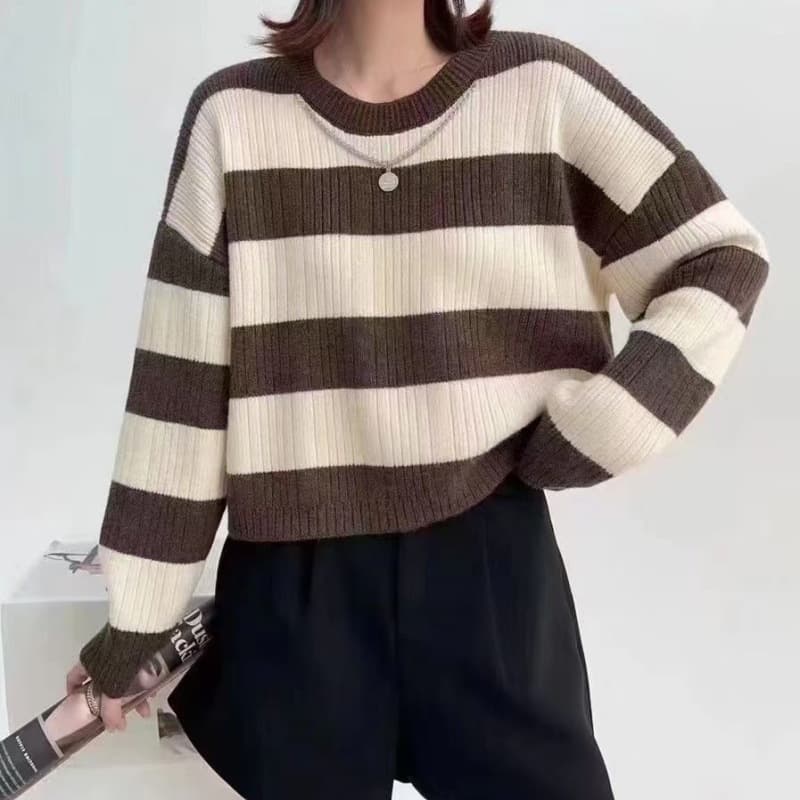 Striped knitted sweater for women 2024 autumn and winter new style casual loose slimming contrast color round neck knitted pullover sweater for women