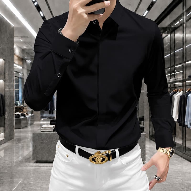 High-end shirt men's 2026 new long-sleeved casual high-end slim business black shirt men's autumn