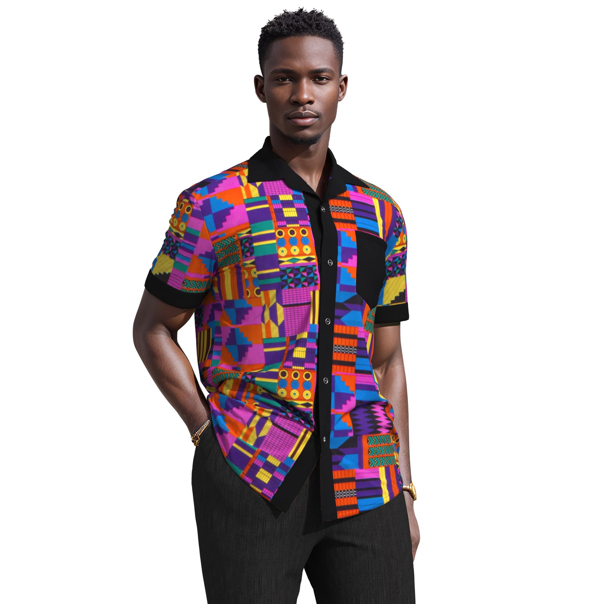 Men's Casual Shirt New Cross-border African Wax Short Sleeve Patch Pocket Shirt Amazon Drop Shipping