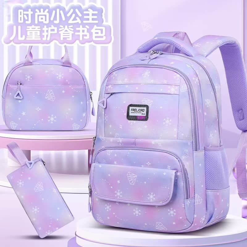 Cross-border Elementary School Backpack for Girls Grades 1-6, Large Capacity Waterproof 3-Piece Set, Spine-Protecting School Bag