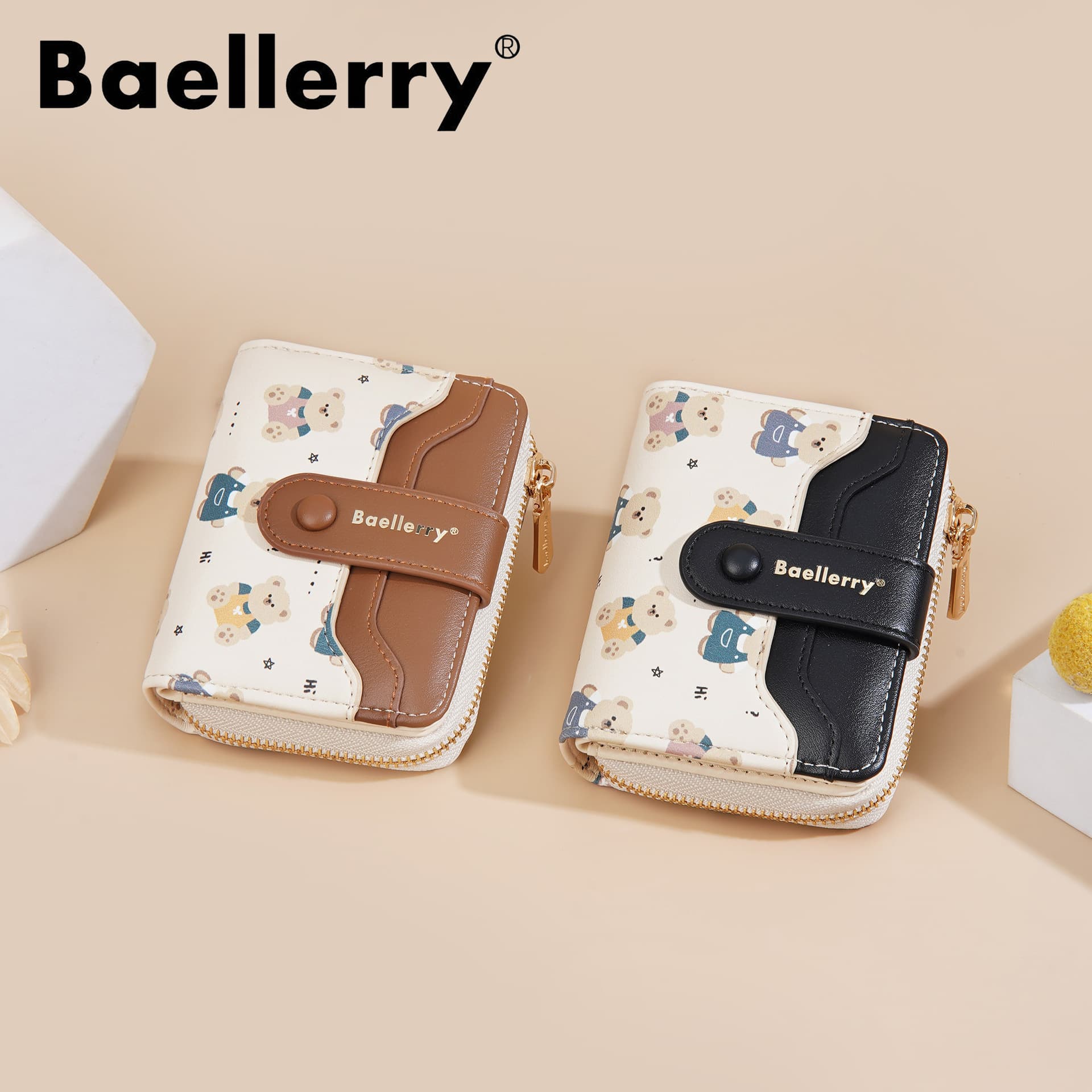 Baellerry Cute Print Ladies Short Wallet Buckle Zipper Multi-Card Slot Coin Purse Ins Women's Style PU Leather Daily Accessory