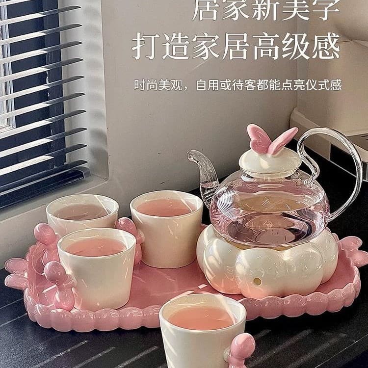Ceramic Tea Infuser Teapot Set with Tea Cups, Fruit Tea Kettle, Candle Heated Health Pot for Afternoon Tea