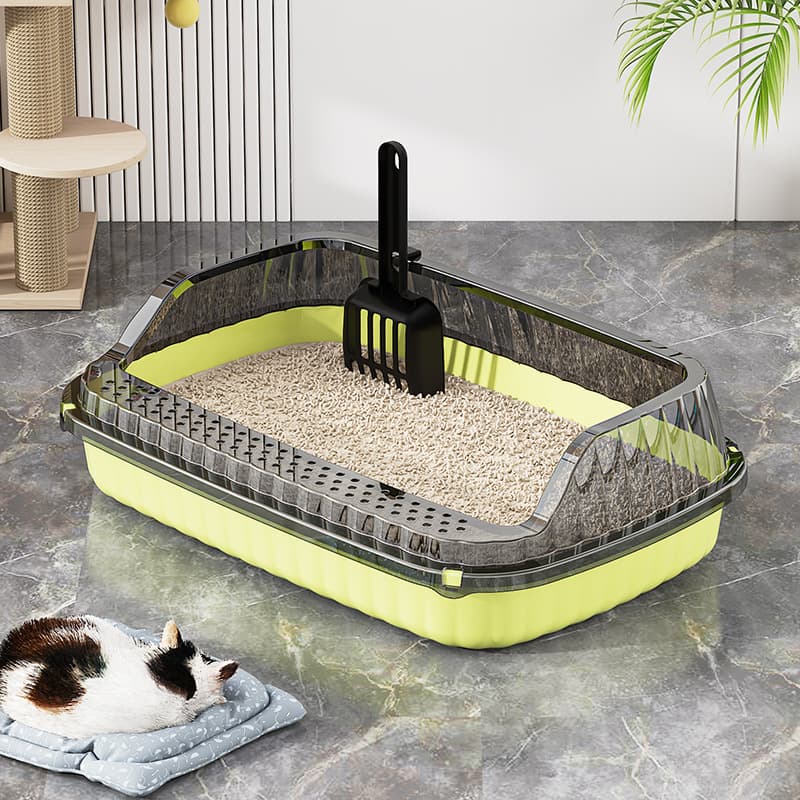 Large semi-enclosed litter box to prevent splashing; a complete guide to cat supplies for kittens and overweight cats; litter box for cats.