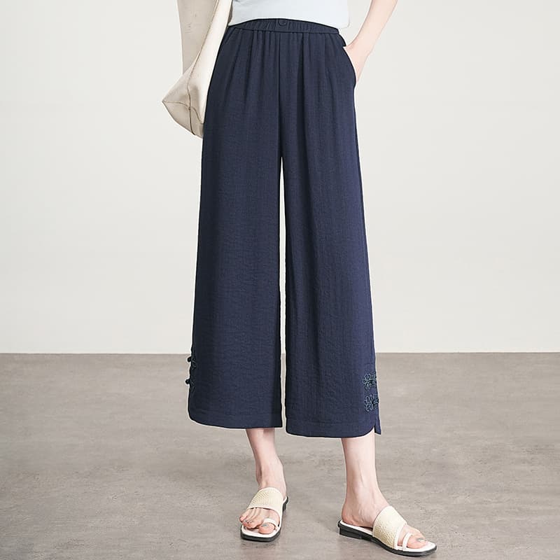 Chinese Style Buttoned Linen Pants for Women, Spring/Summer Thin 2026 New High-Waisted Loose Fit Petite Cropped Wide-Leg Pants