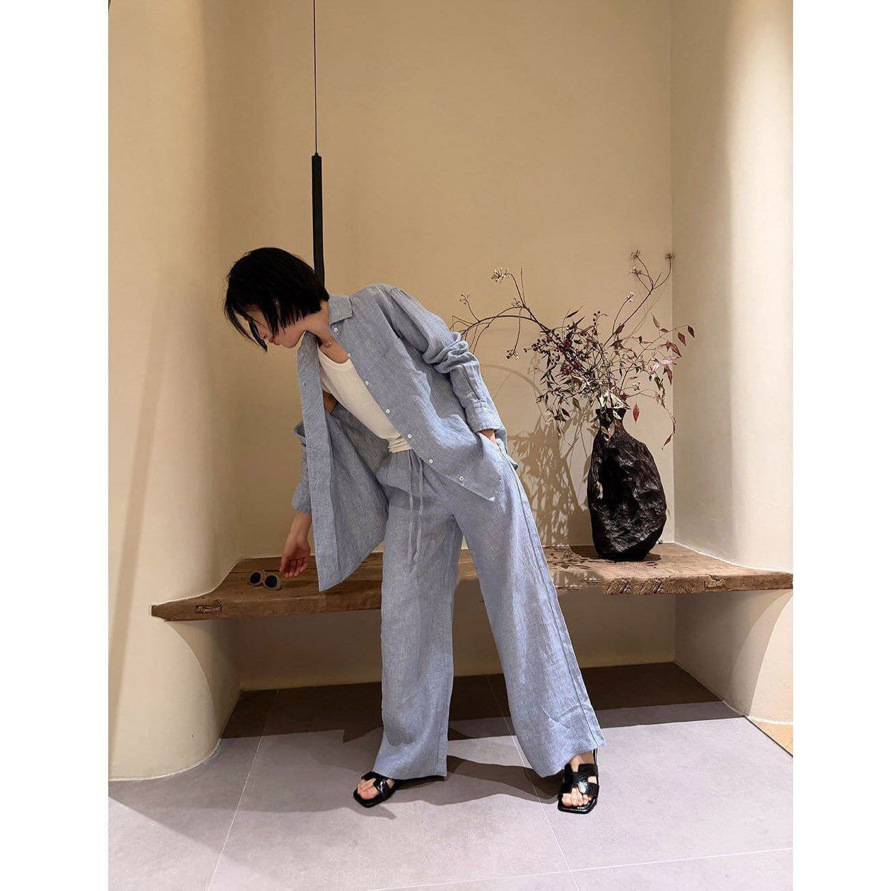 Summer Relaxed Old Money Linen-Like Fashion Shirt and Wide-Leg Pants Two-Piece Set, Premium Sun-Protection Shirt and Trousers