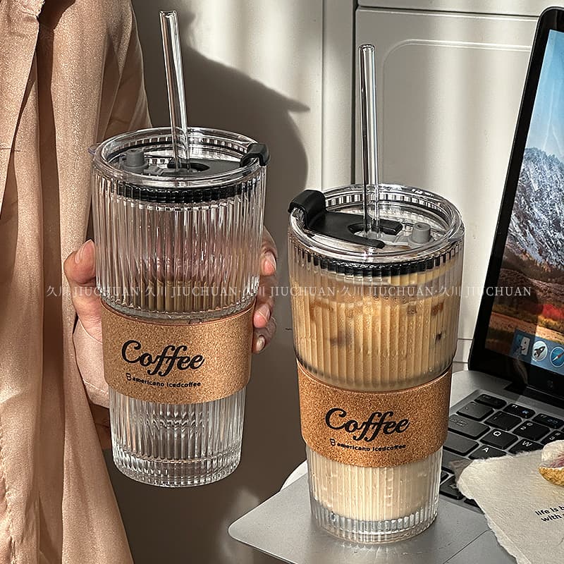 High-Face-Value Lid and Straw Vertical Stripe Bamboo Texture Cup Large Capacity Water Cup Iced Coffee Cup Latte Drink Glass Cup