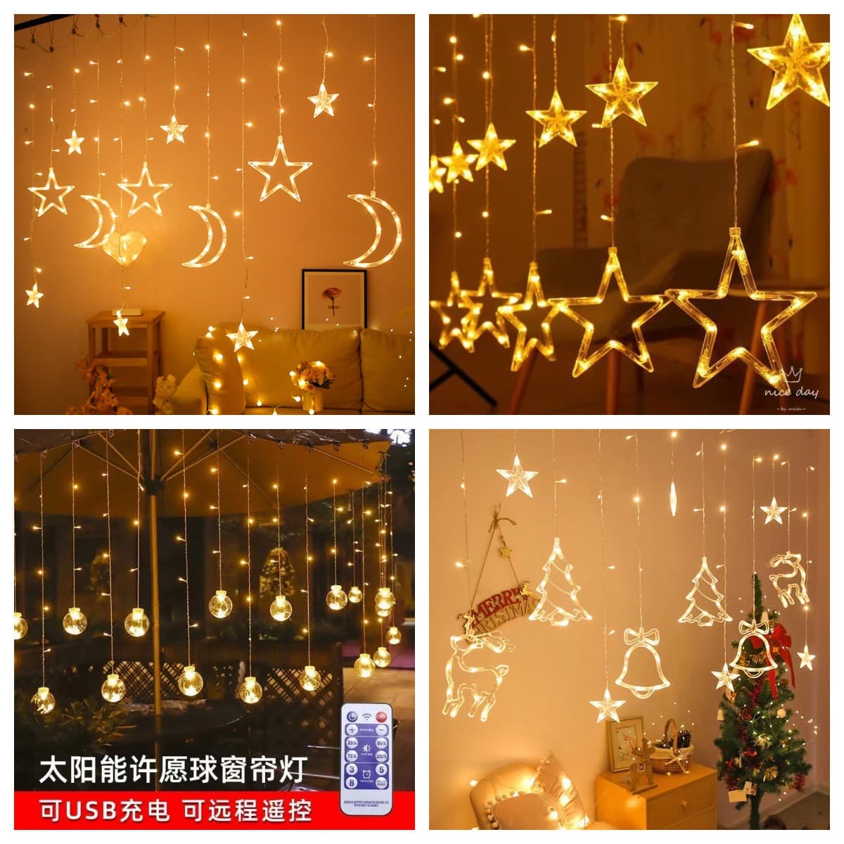 Manufacturer led star and moon curtain lights decorative lights solar remote control star lights outdoor camping lights string lights wholesale