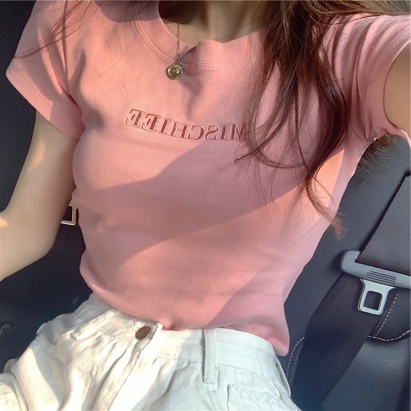 Wholesale 2026 New Embroidered Letter Short Sleeve T-Shirt Pink Cute Women's Summer Korean Loose Student Top