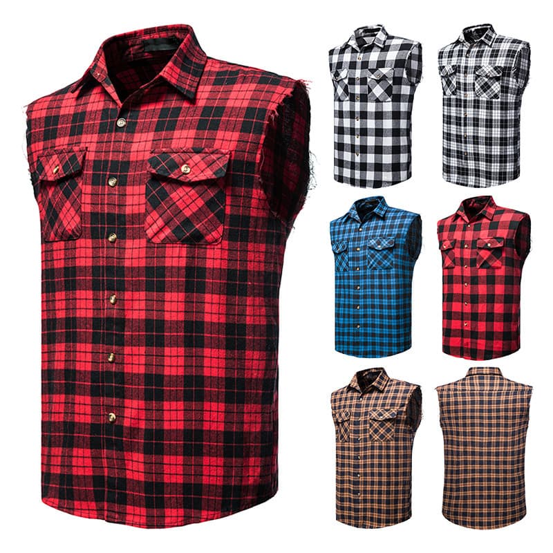 Men's Sleeveless Plaid Shirt Casual Vest 2023 New Trendy European and American Plus Size Vest for Big Men