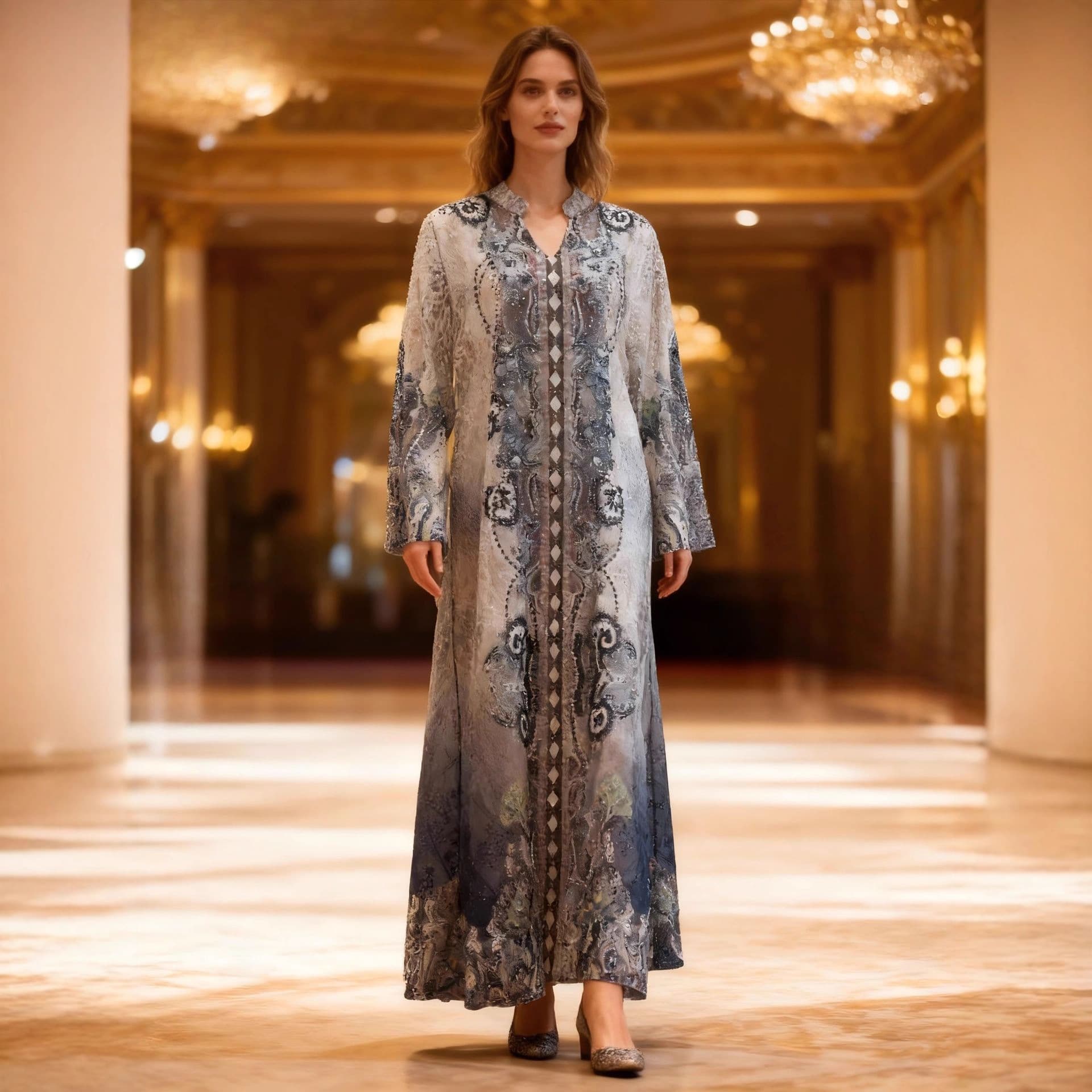 Cross-Border Women's Long Robe Embroidered Fabric Printed Rhinestone Women's Long Dress Abayas