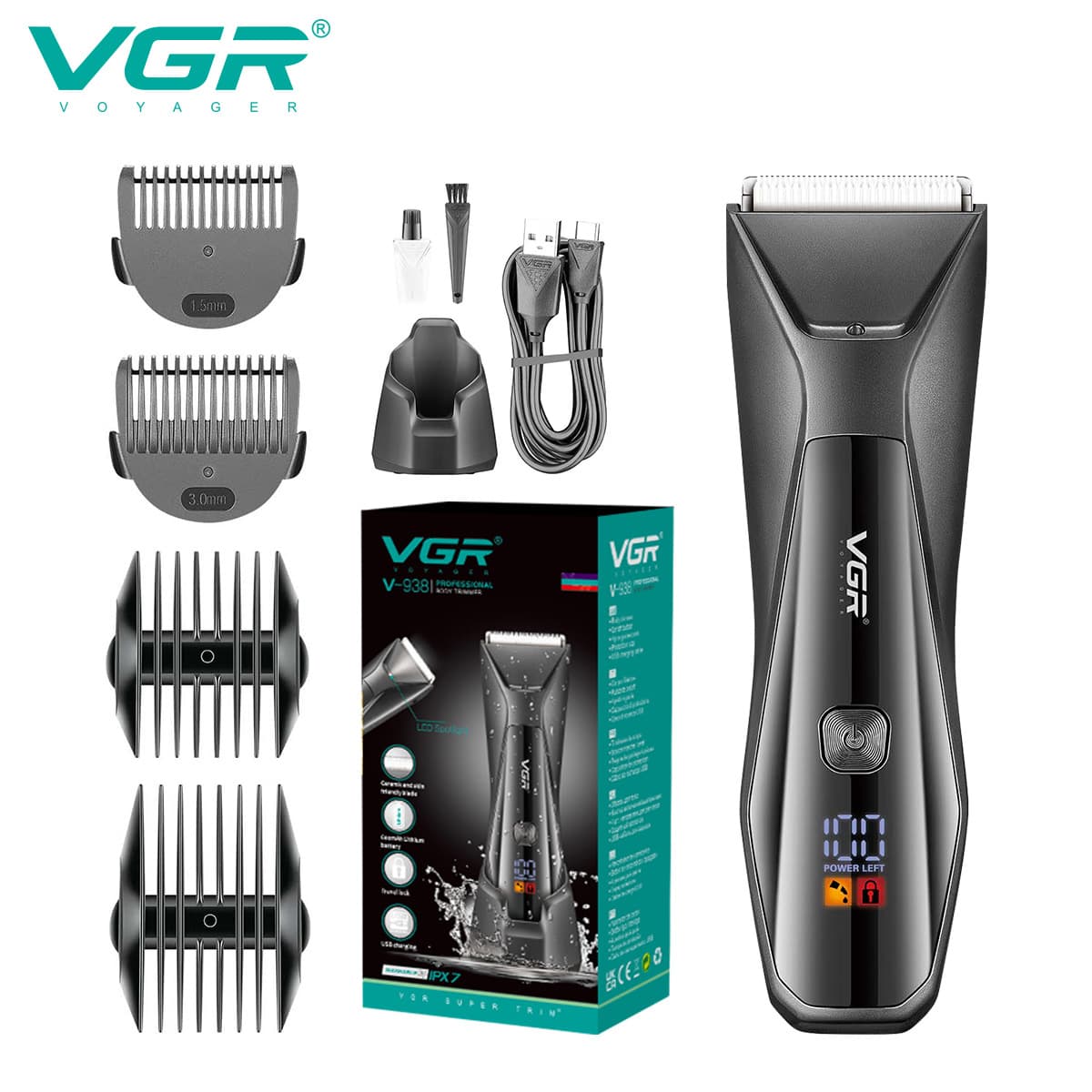 VGR938 New Cross-border Home Electric Hair Clipper IPX7 Waterproof Trimmer with LCD Digital Display