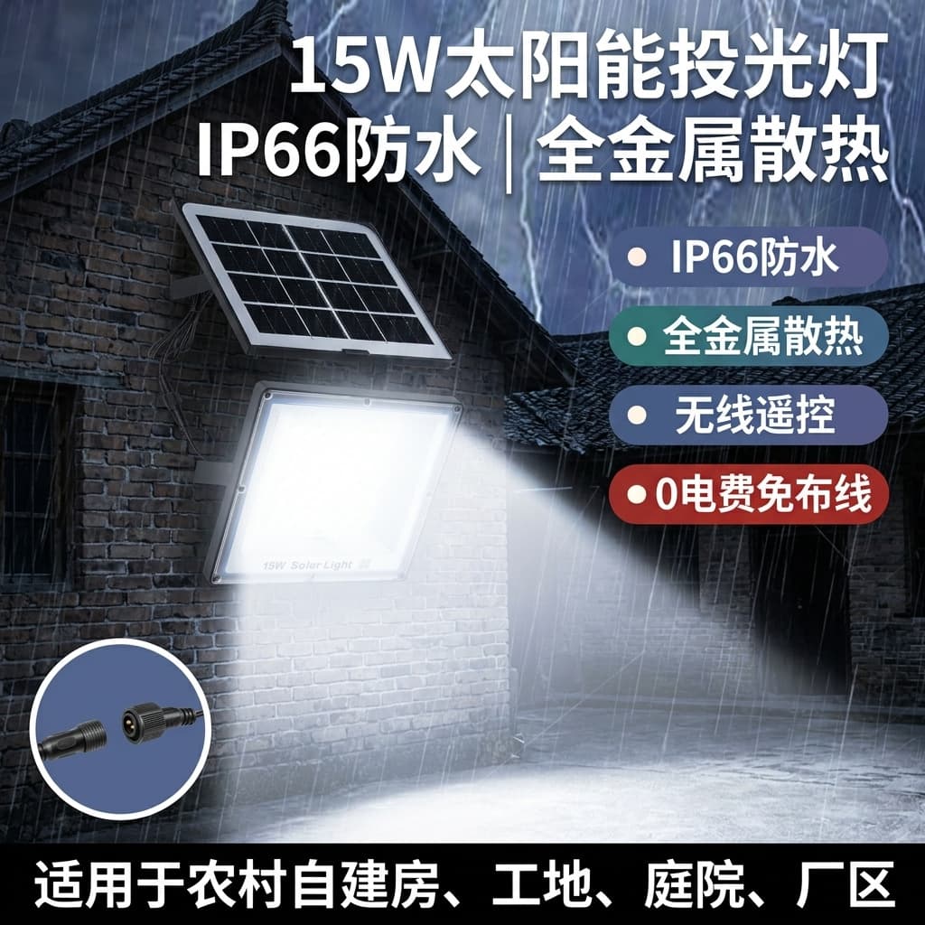 Factory Direct 15W Solar Floodlight IP66 Waterproof Construction Site / Courtyard Zero Electricity Bill Lighting No Wiring Installation