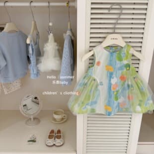 [Le En Kids] Original Summer Girls Green Graffiti Backless Dress Fashionable Princess Vacation Baby Dress
