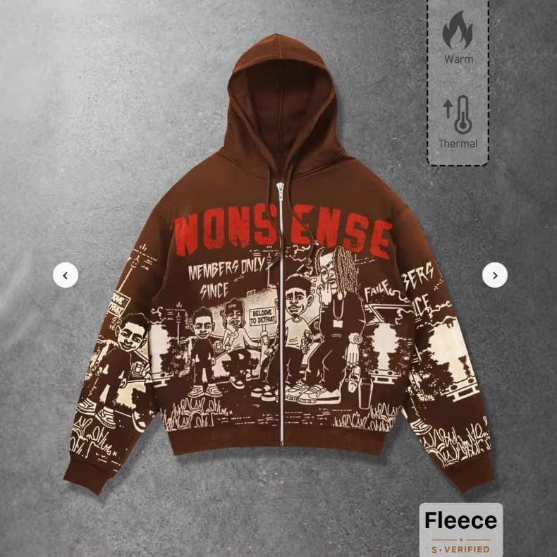 American High Street NONSENSE Letter Cartoon Portrait Print Hoodie Men's Zip Up Hoodie Cross-Border Supply