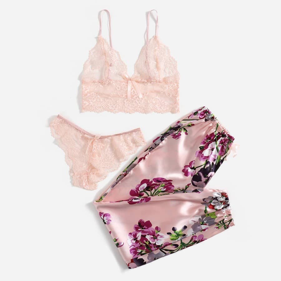 European and American Sexy Lingerie Set Lace Pure Desire Nightgown Long Pajama Pants Bedroom Flirtatious Floral Print Camisole
