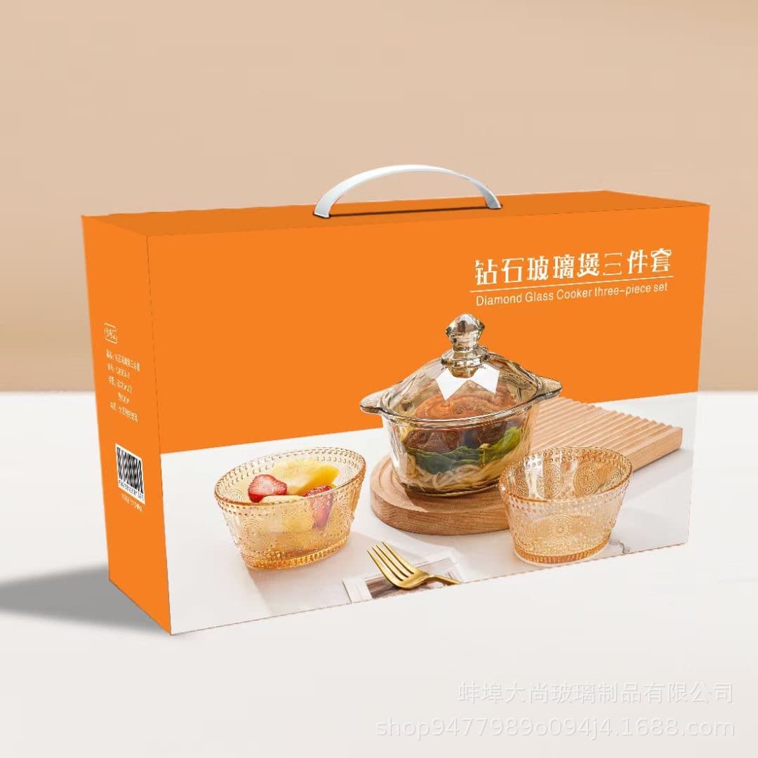 Diamond glass pot bowl five-piece set, household rice bowl, double-handled salad bowl, sunflower dinner bowl set, opening event.