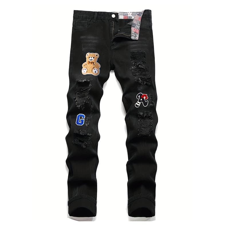 Cross-border Amazon Men's Ripped Jeans English Embroidery Print Black Stretch Slim Straight Jeans