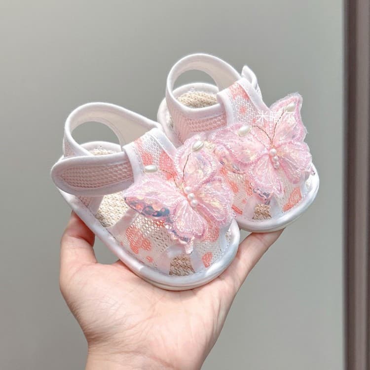 Girl's Bow Toddler Walking Shoes Summer Mesh Breathable Anti-Slip Soft Sole Princess Shoes Baby Sandals 0-1 Year