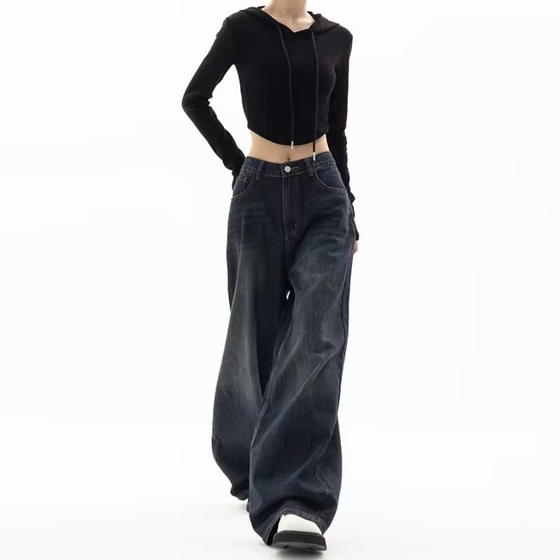 Retro Women's Wide Leg Jeans Harajuku Pocket Jeans Oversized Mixed Street Long Long Men Korean Fashion