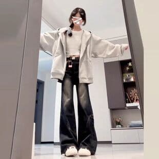 2025 New School Season Short Women's Gray Hoodie Sweatshirt Jacket Autumn Winter Loose Zip-Up Cardigan Top
