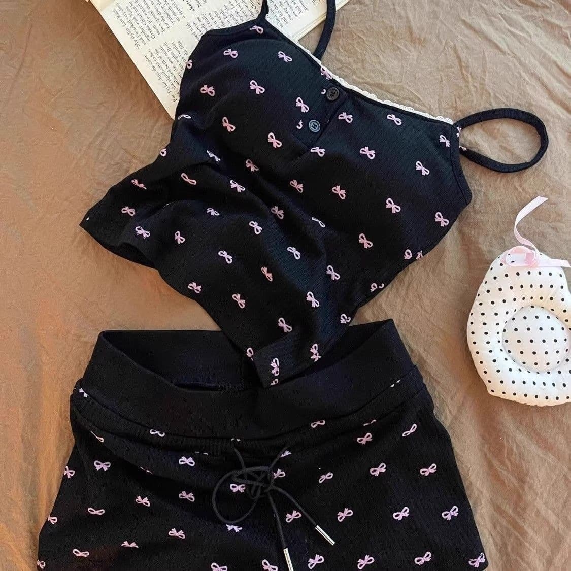 Women's Summer Ice Silk Sleepwear Set with Padded Camisole, Lace Shorts, Bow Print Pajama Set