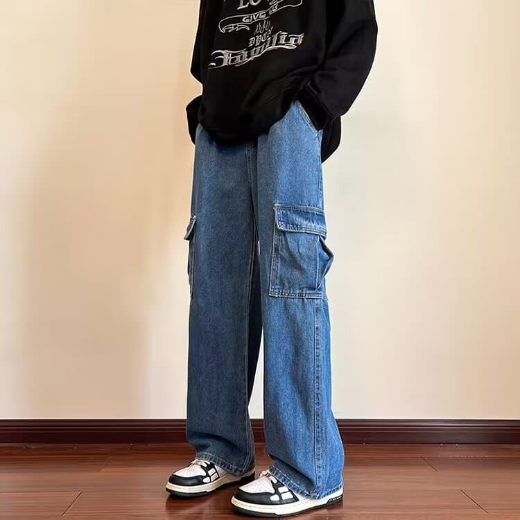 American jeans men's autumn washed distressed retro trousers trendy high street loose straight pants ins