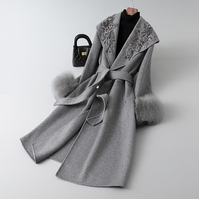 Heavy Craft Rhinestone Double-Faced Cashmere Mid-Length Coat Fashionable Slimming Fox Fur Woolen Outerwear Elegant Style