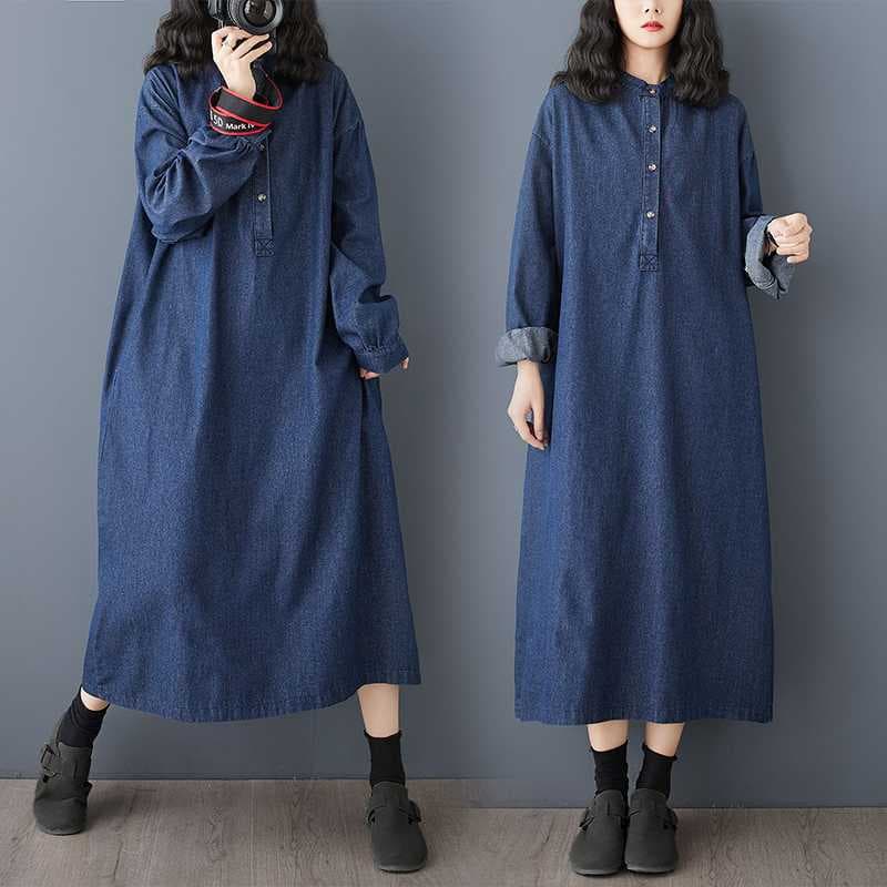 Vintage Polo Collar Stand Collar Mid-Length Denim Dress for Women Spring New Retro Plus Size Up to 200 lbs Spring and Autumn Dress