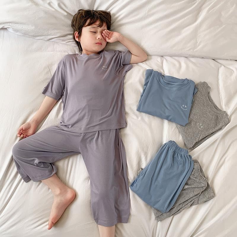 New Fashion Summer Boys' Pajama Set Solid Color Casual Toddler Kids Homewear Two-Piece Trendy