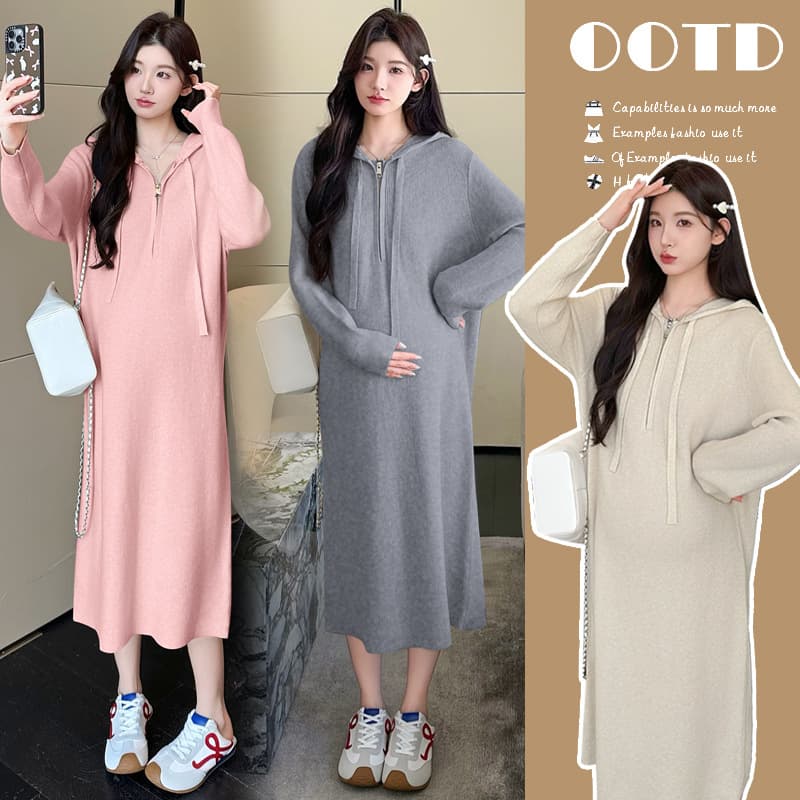 2025 Autumn/Winter New Korean Style Fashion Pullover Hooded Long Casual Knitted Maternity Dress for Nursing