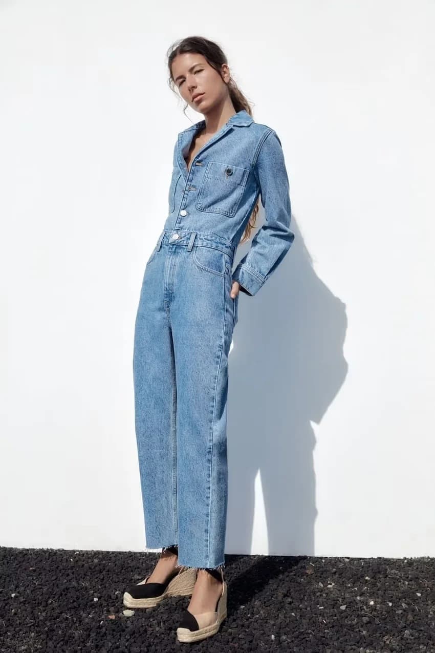 2023 Spring/Autumn New Women's European and American Style Blazer Collar Pocket Decorated Waist-Cinching Straight-Leg Denim Jumpsuit Long Pants