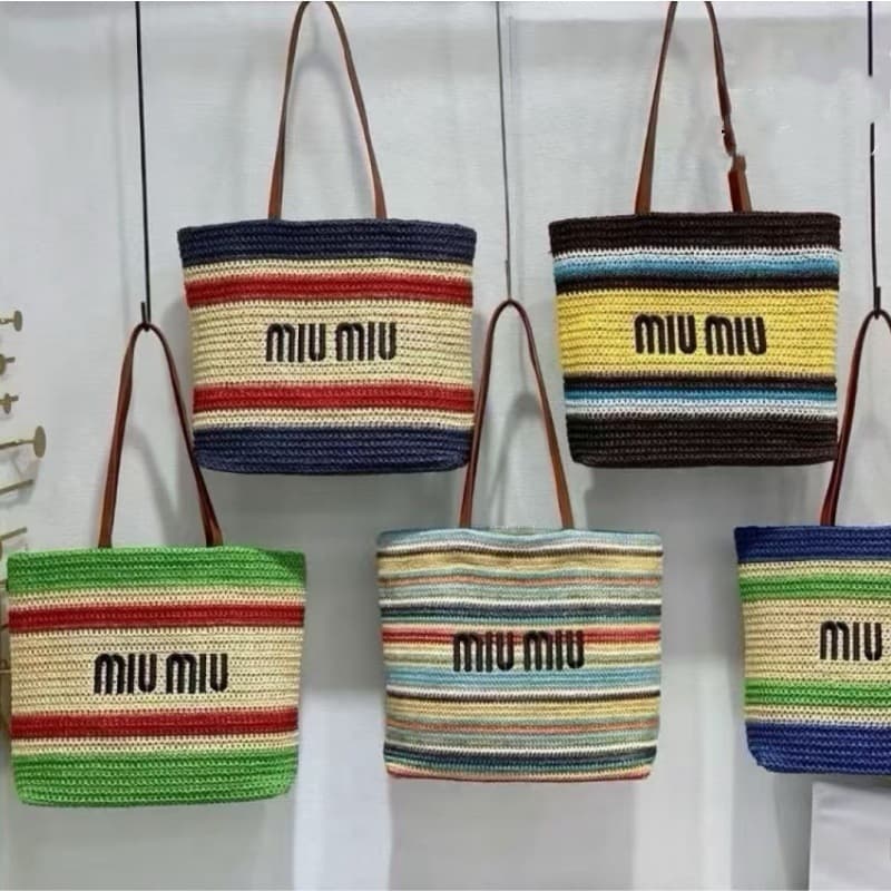 MIU MIU Beach Tote Bag, Raffia Shopping Bag, Woven Straw Bag, Large Capacity Simple Style Shoulder Bag for Women