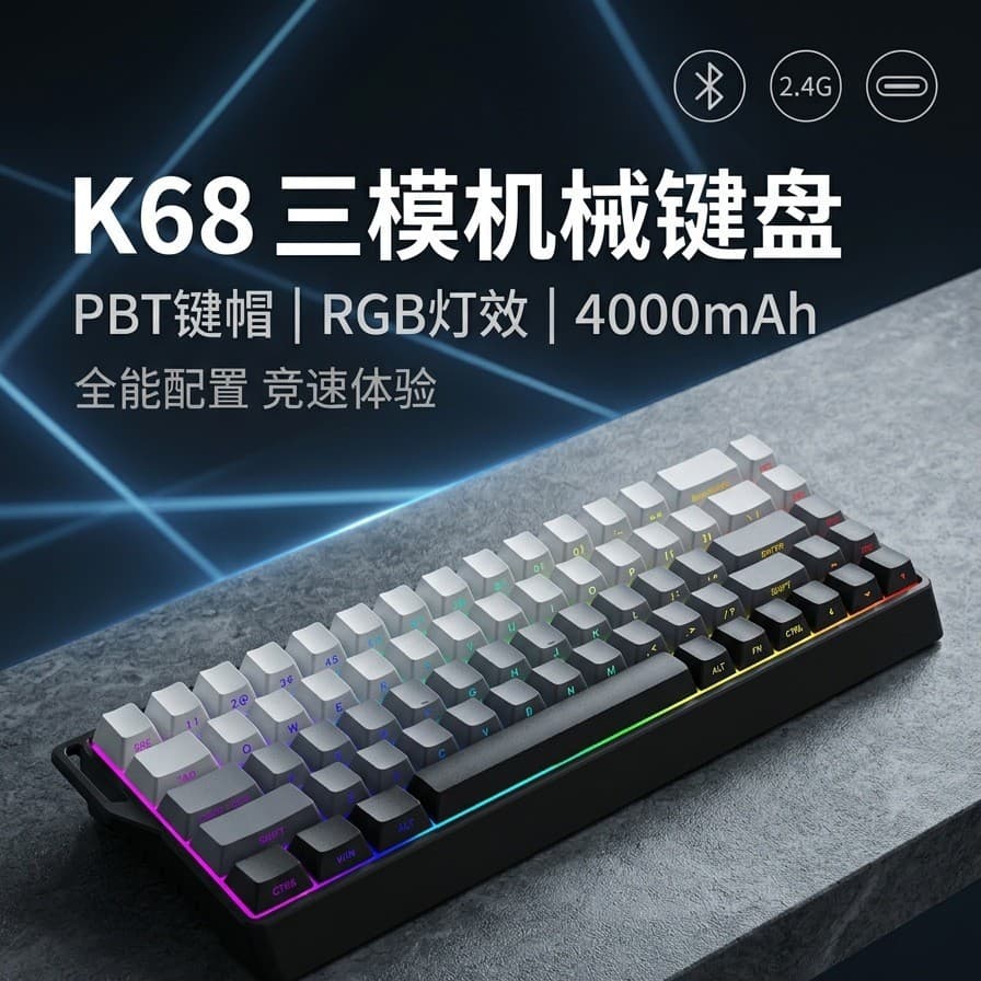 K68PBT Side-printed Gaming Mechanical Keyboard, Tri-mode Wireless Connection for Desktop Computer, RGB Gaming