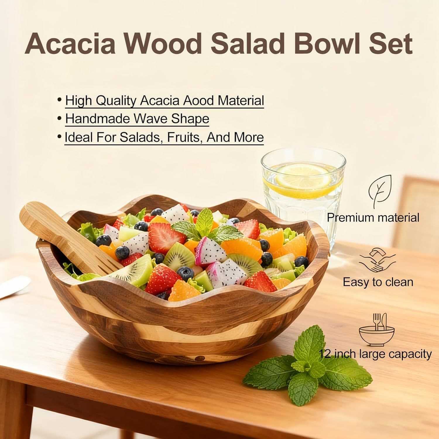 Solid wood wavy wood bowl, acacia wood spliced salad bowl, household fruit bowl, snack bowl, wooden tableware, vegetable bowl
