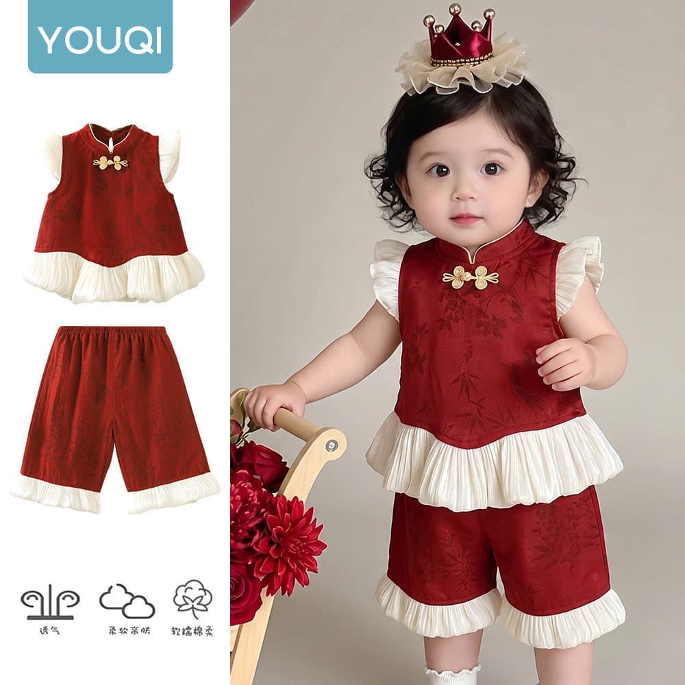 Baby girl clothes suit summer thin girl new Chinese style red one-year-old dress infant national style two-piece set