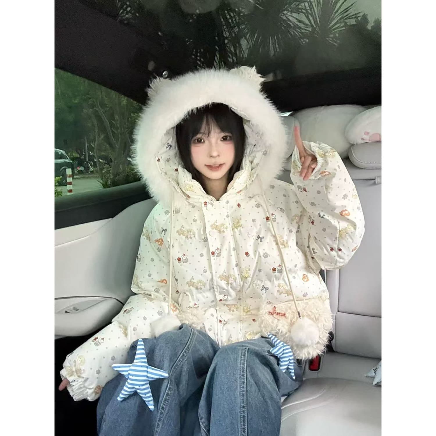 2025 new winter design puppy full printed pocket fur collar hooded cotton coat for women versatile loose cotton coat