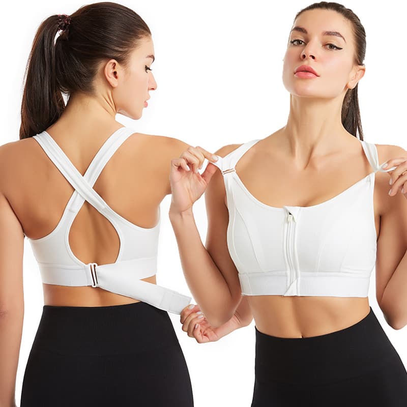 Adjustable Front Zipper Sports Bra Shockproof Wirefree Vest Yoga Cross Back Support Bra for Women