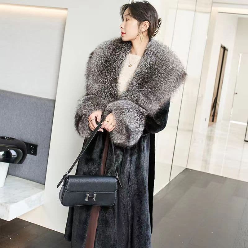 Autumn/Winter Faux Mink Coat, Long Style, Elegant Style, Faux Fox Fur Collar, Thickened Faux Mink Fur Women's Clothing