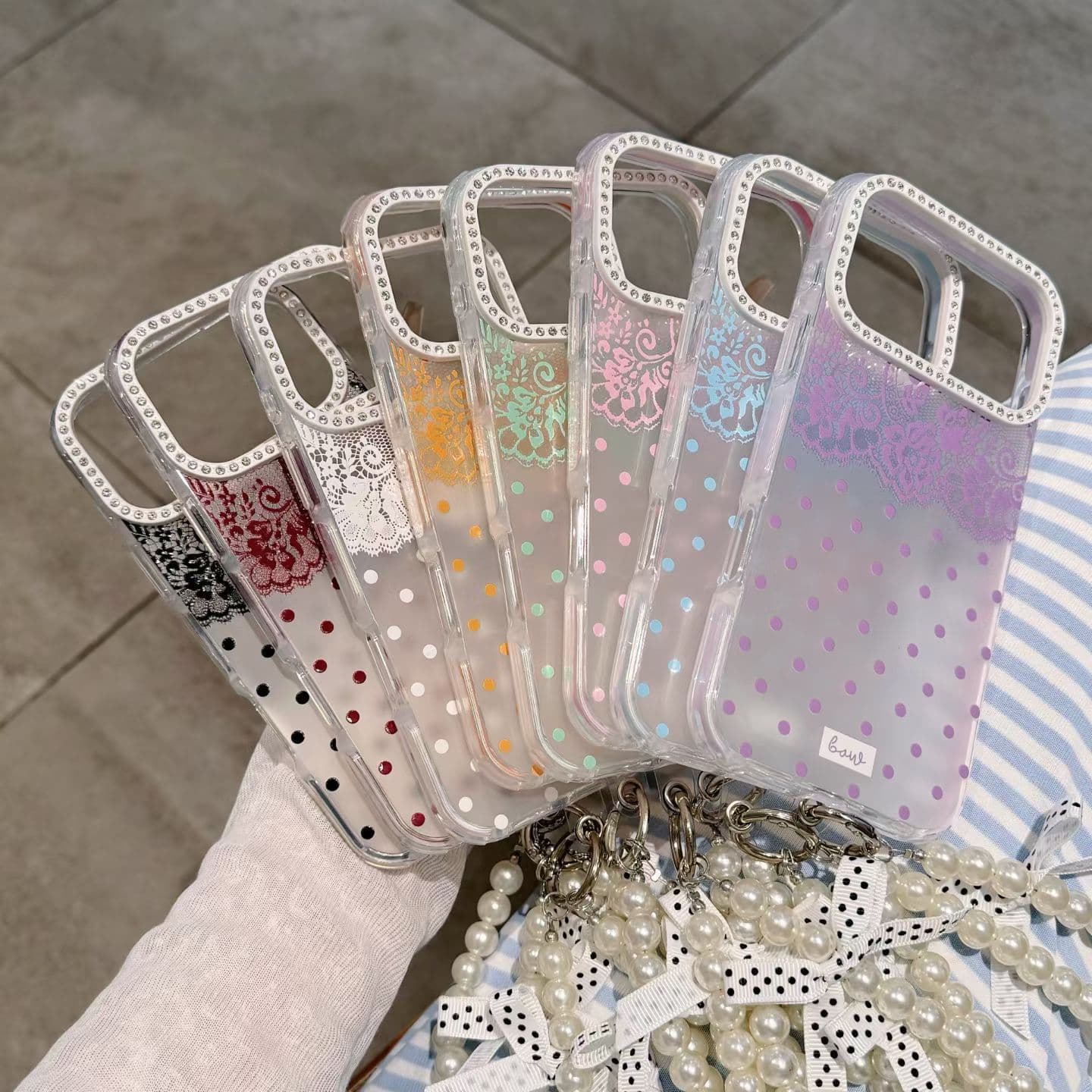 Compatible with iPhone 18 Flower Large Window Phone Case Rhinestone Polka Dot Lace Blue Light Butterfly Apple 17 Protective Cover