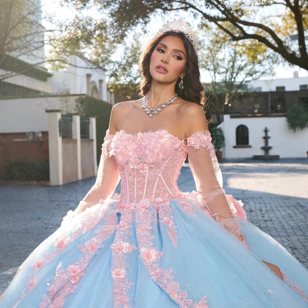 Runaway Princess Strapless Evening Gown with Small Train, 3D Floral Details, Large Back Bow, Tulle Skirt, Sky Blue Dress